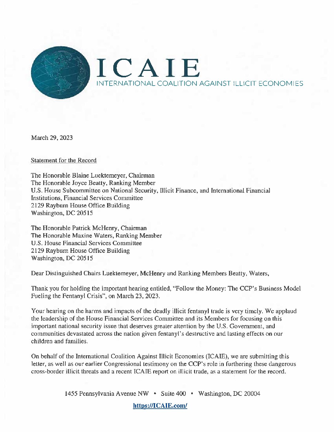 ICAIE Statement for the Record for Congressional hearing on “Follow the Money: The CCP’s Business Model Fueling the Fentanyl Crisis”, March 23, 2023, U.S. House Subcommittee on National Security, Illicit Finance, and International Financial Institutions, Financial Services Committee.
