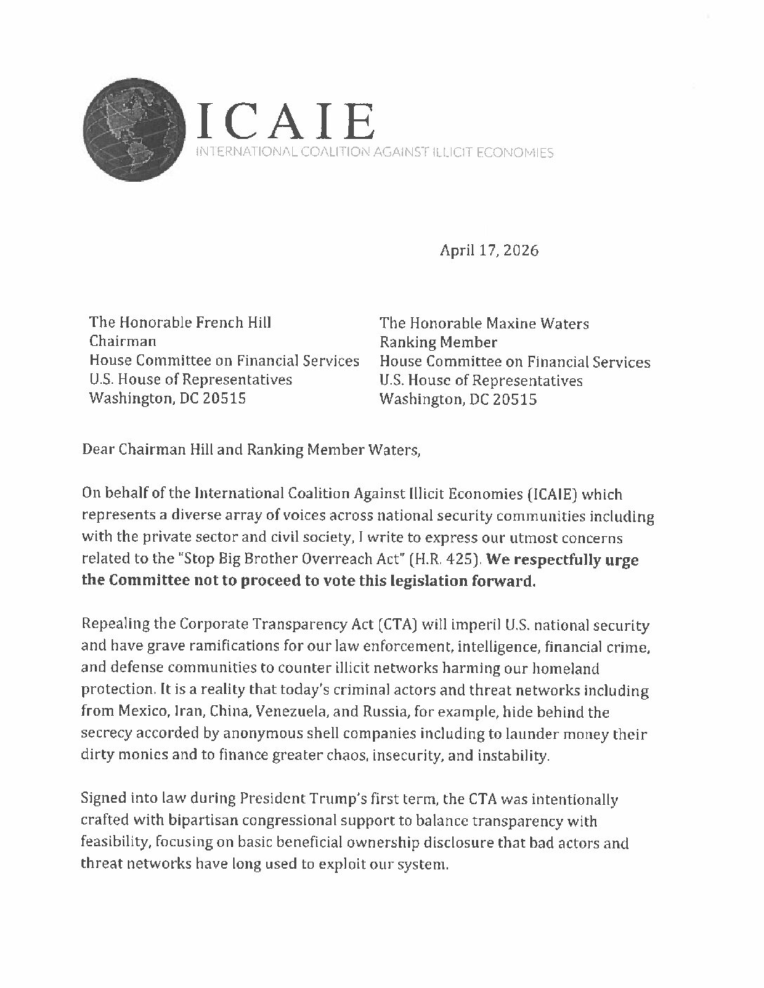 Corporate Transparency Act HFSC April 2026